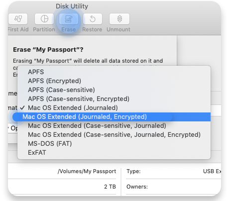how to choose mac os extended journaled encrypted