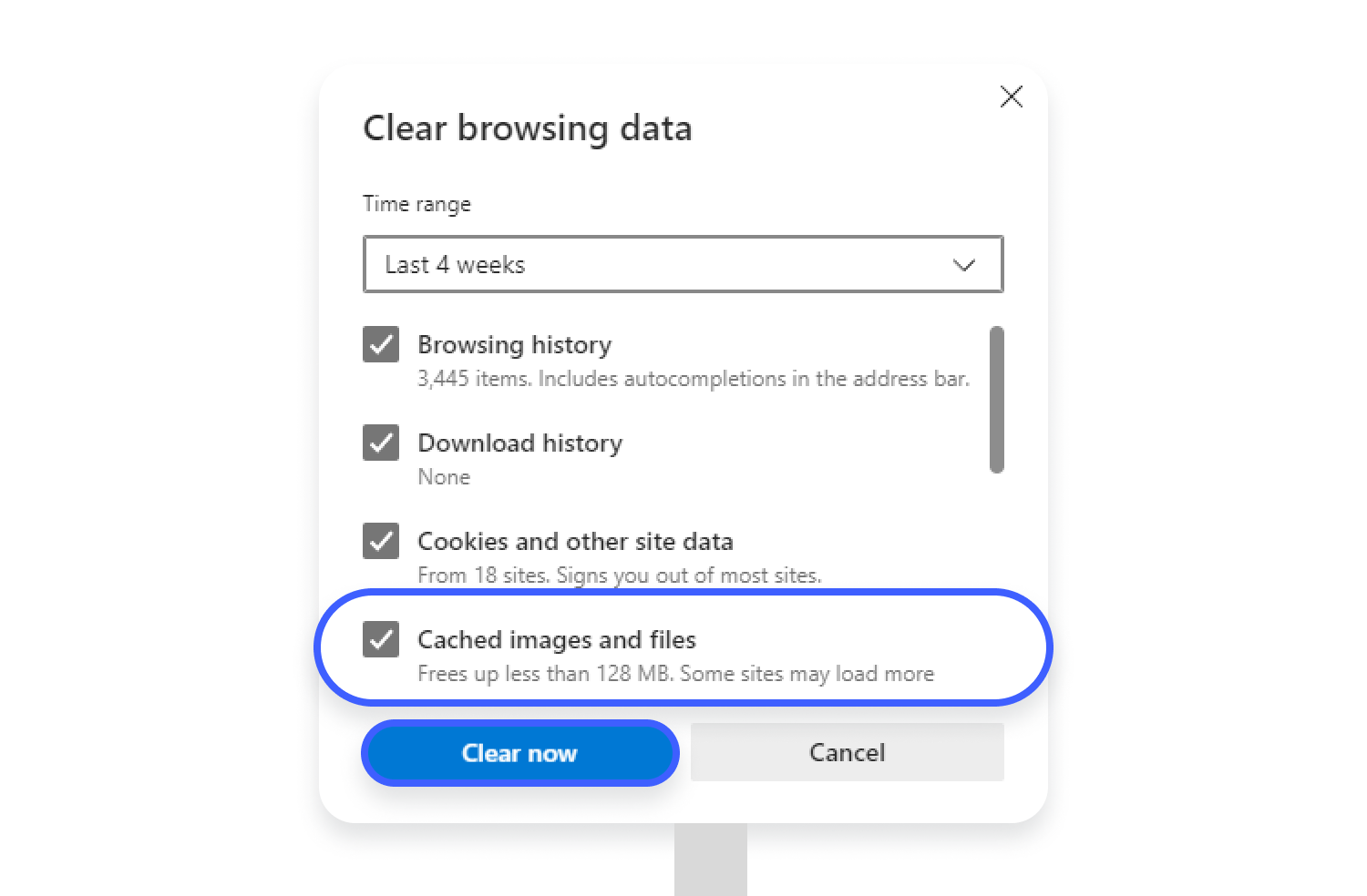 clear cached images and files in Edge