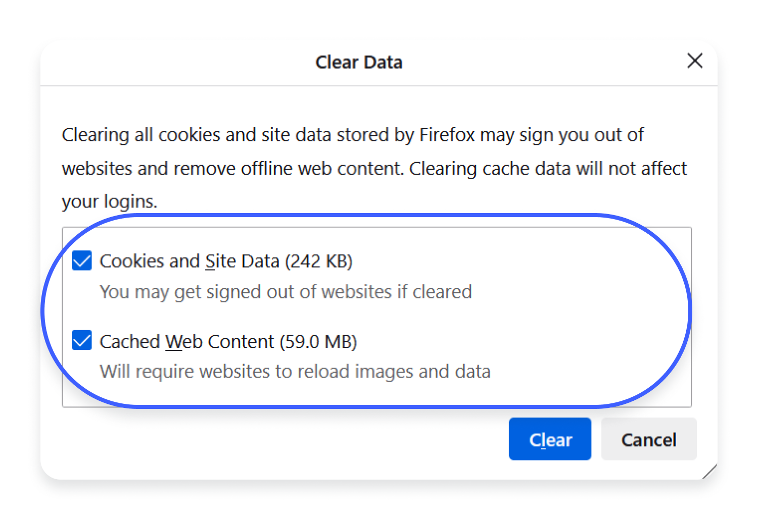 clear cookies and cached content in Firefox