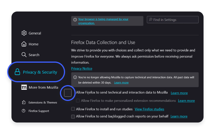 disabling firefox telemetry data collection