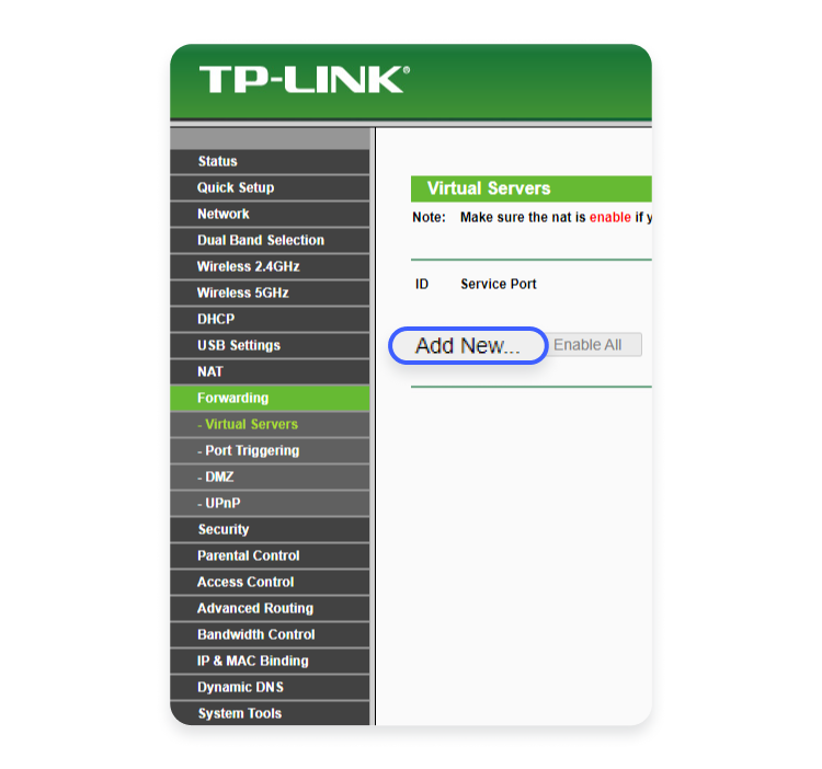 Add a new port forwarding entry