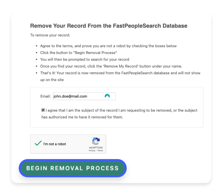 Begin Removal Process button in FastPeopleSearch