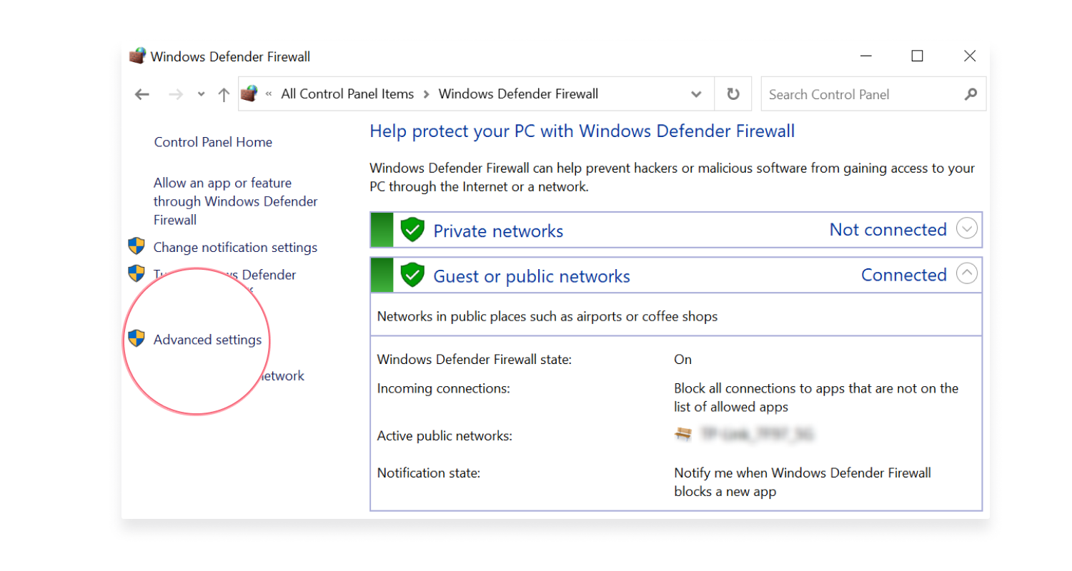 advanced settings in windows defender firewall