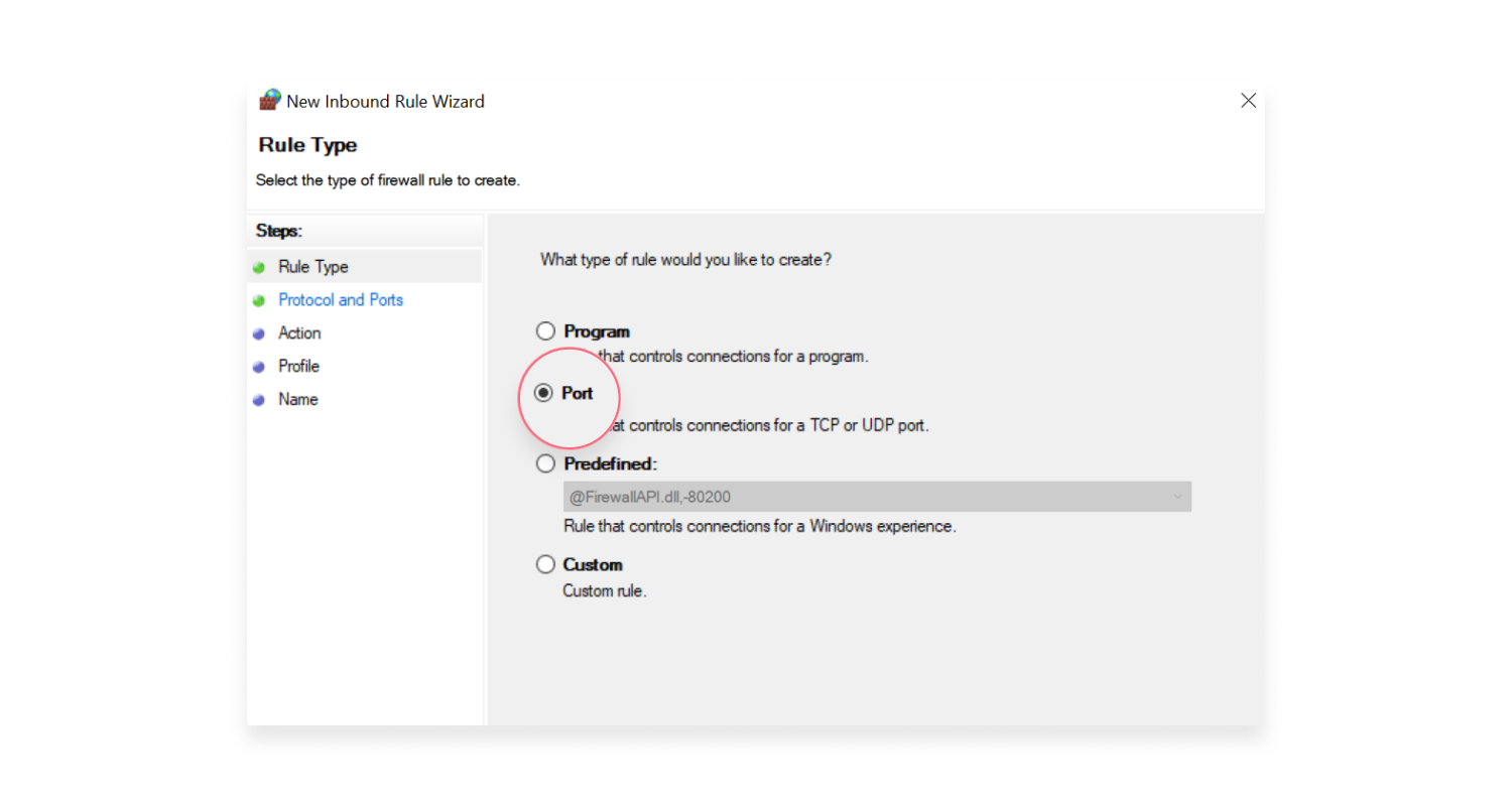 port option in rule type wizard