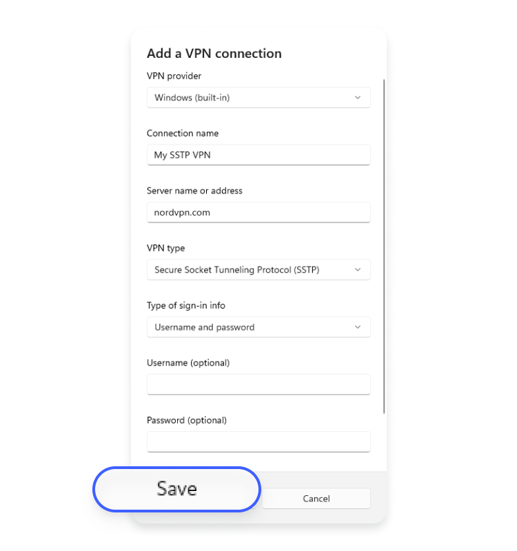Ingrese los datos de VPN