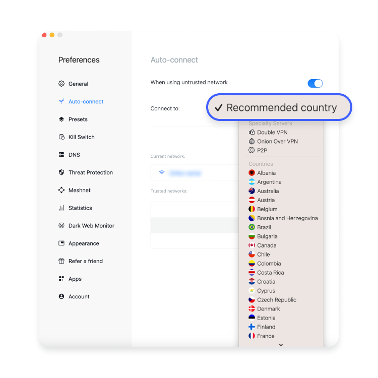 Auto -Connect Setup στο MacOS: Βήμα 5 - Επιλέξτε συνιστώμενη χώρα