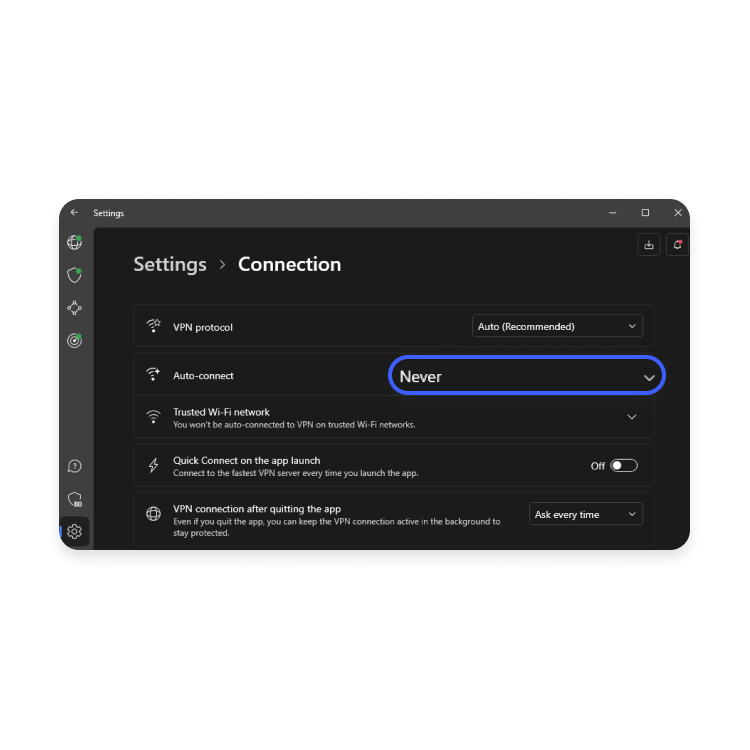 Configuración de conexión automática en Windows: Paso 3 - Desplácese para AutoConnect